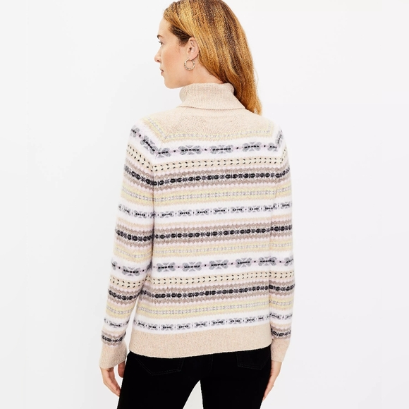 LOFT Striped Neutral Beige Fair Isle Turtleneck Sweater Women's Size Large L - Picture 2 of 12
